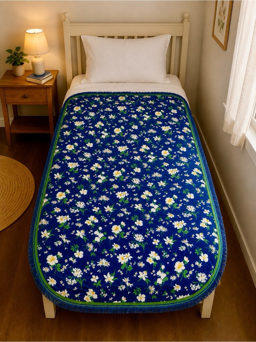 Vintage 1970’s Morgan Jones Blue Floral Fringe Blanket